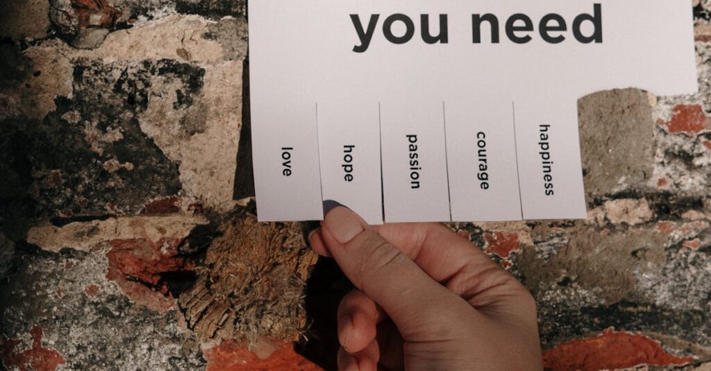 A hand holding a paper note taped on a brick wall with motivational words to pick from.